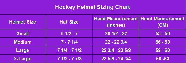 hockey helmets sizing chart
